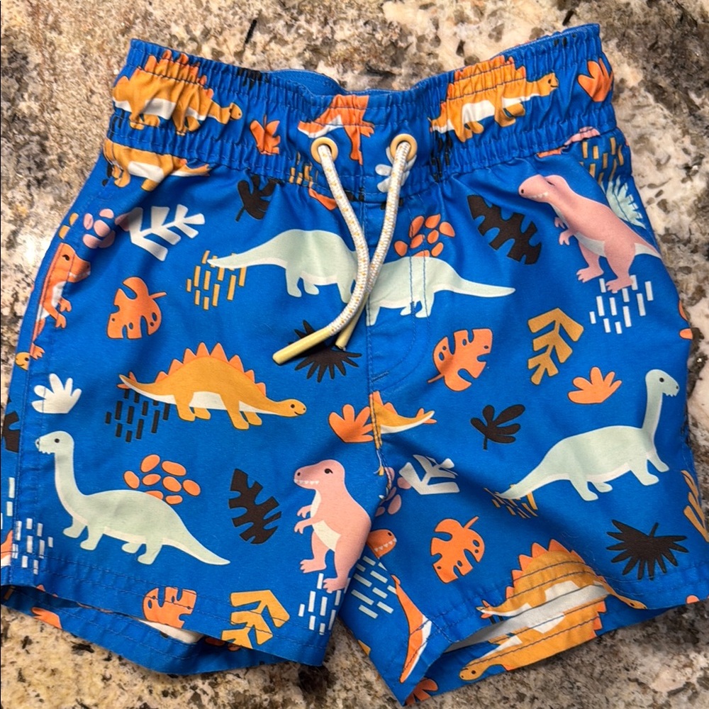Cat & Jack Blue and Orange Swim Trunks with Dinosaur Print